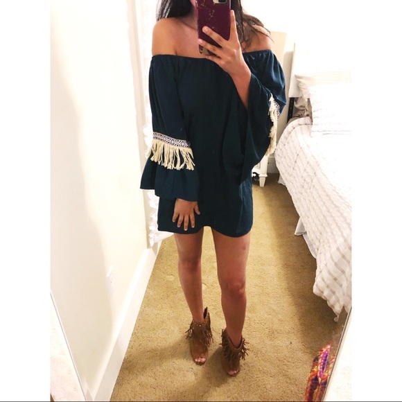 Dresses & Skirts - Off the shoulder fringe boho dress dark green